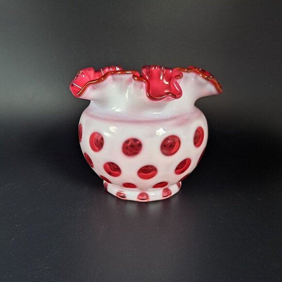 Fenton Coin Dot Cranberry Ruffled Glass Vase Vintage - Picture 1 of 10